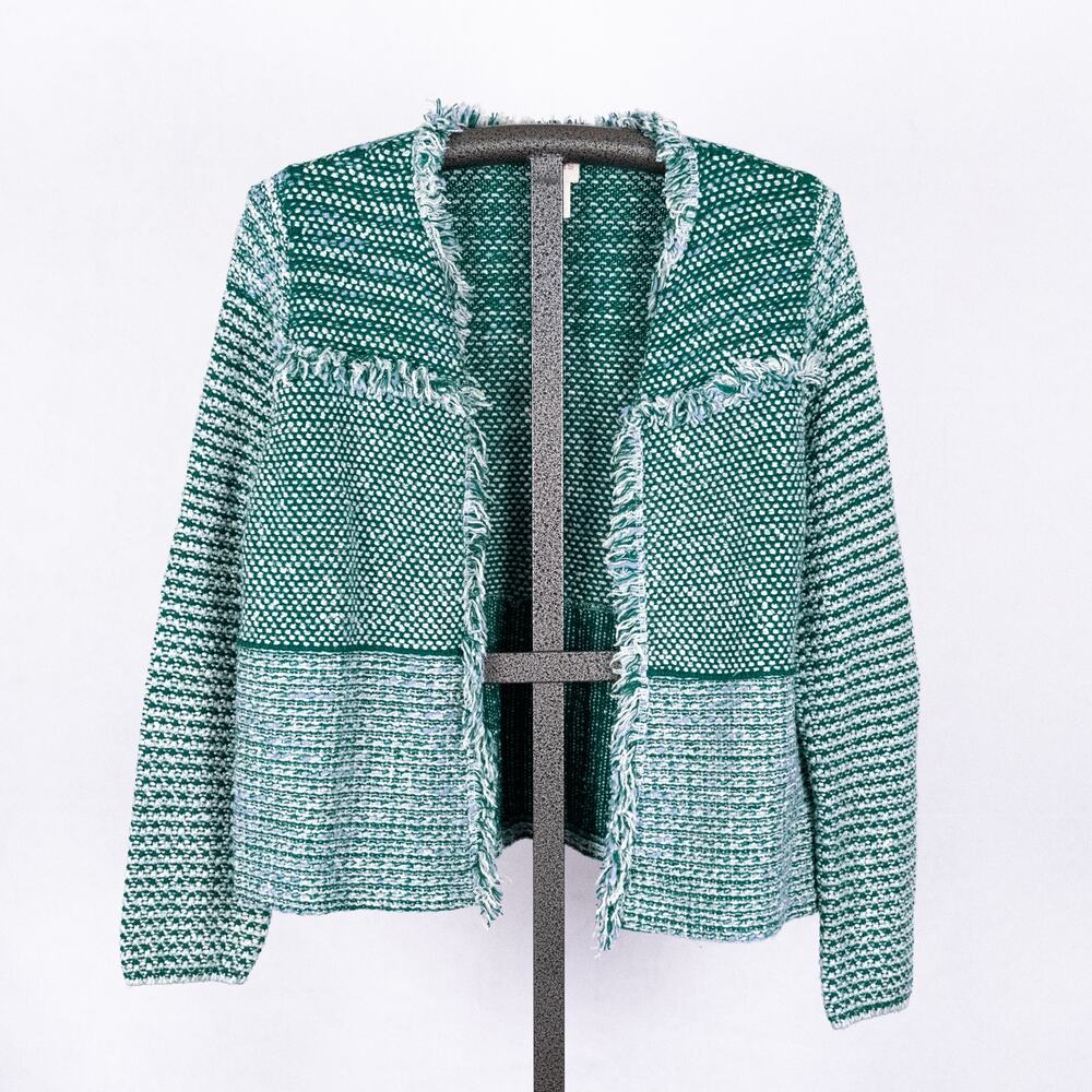 Chico's Structured Tweed Cardigan Women's MEDIUM Open Fringed Cotton Wool Blend